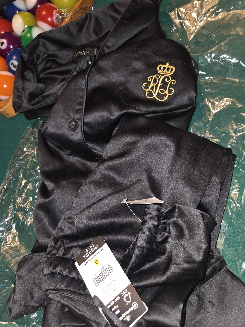 Ralph Lauren Black Satin Pajama Set with Gold Crest NWT